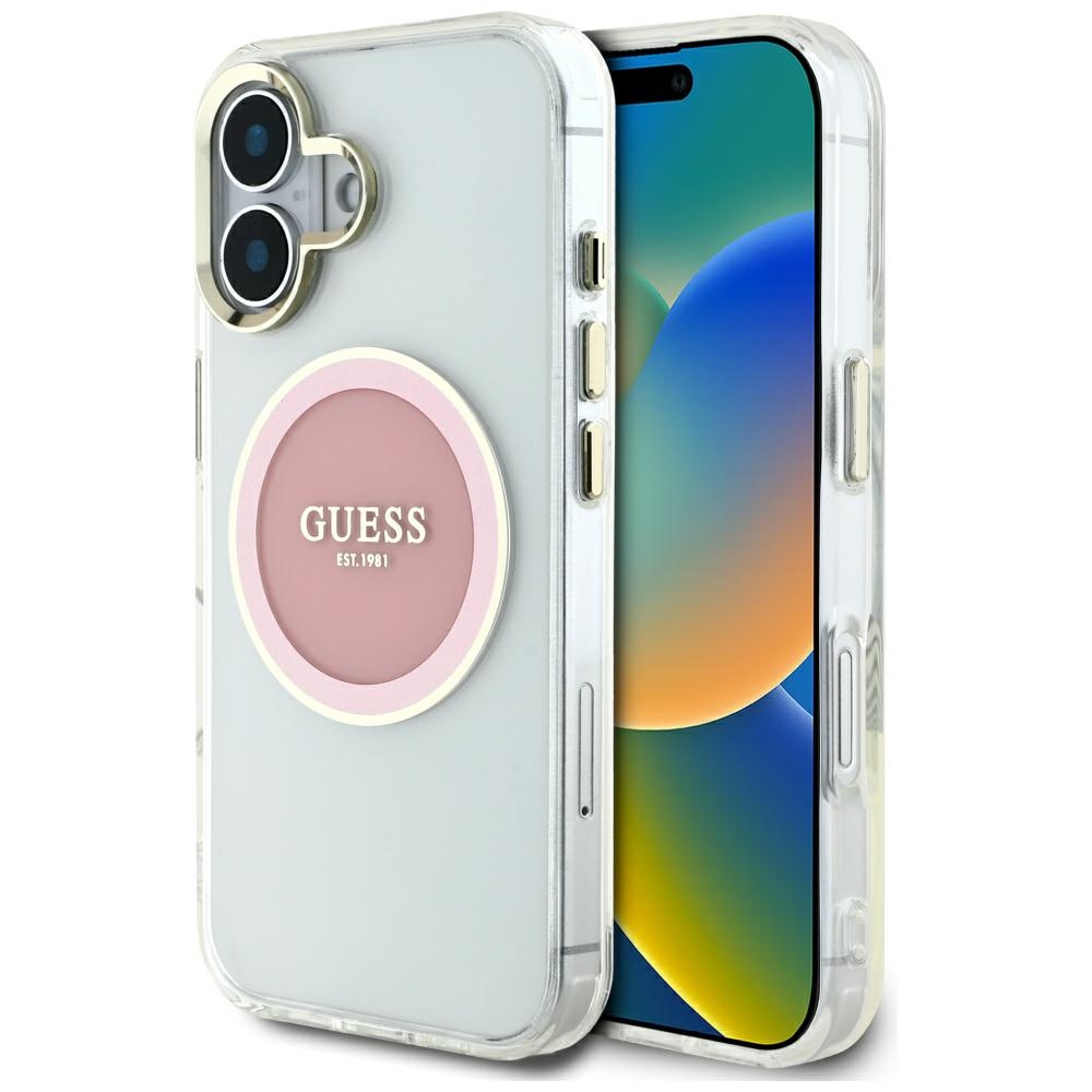 Калъф за iPhone 16 - Guess IML IML Metal Colored Circle MagSafe (GUHMP16SHTDRCEDP) - Розов
