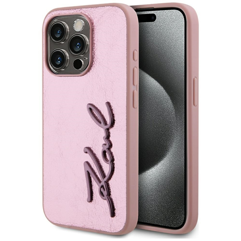 Калъф за IPhone 15 Pro - Karl Lagerfeld Hardcase Leather (KLHCHCP15LPFMFBKMP) - розов метален подпис