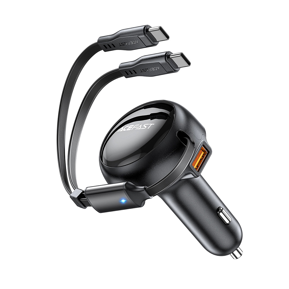 USB зарядно за кола, 2x Type-C, 53 W, 70 + 15 см, прибиращ се кабел - Acefast (B13) - черно