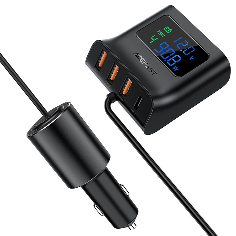 Зарядно за кола със сплитер, цифров дисплей 3x USB, Type-C, 90W, PPS, PD3.0, QC3.0, 90 см - Acefast (B8) - Черен
