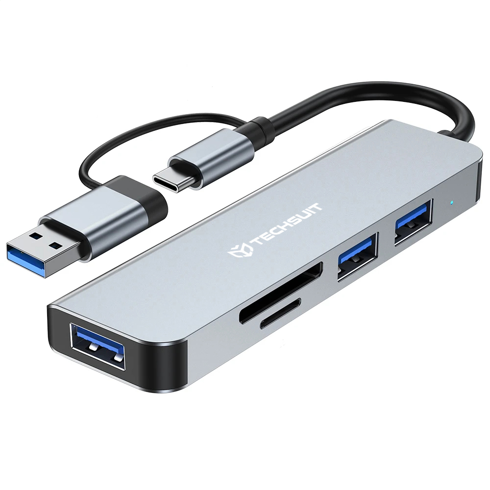 Мултипортов хъб, USB, Type-C към USB 3.0, 2x USB 2.0, SD/TF карта - Techsuit DataBridge 5 в 1 (H7) - Сив