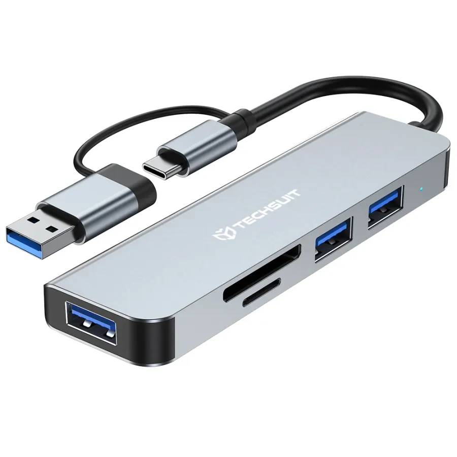 Мултипортов хъб, USB, Type-C към USB 3.0, 2x USB 2.0, SD/TF карта - Techsuit DataBridge 5 в 1 (H7) - Сив