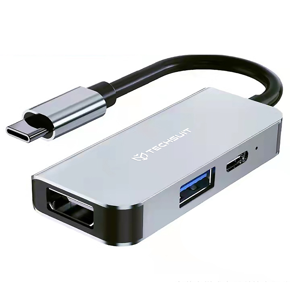 Мултипортов хъб, Type-C към Type-C, USB, HDMI, 4K@30Hz, PD87W - Techsuit TurboChargeX 3 в 1 (H4) - Сив