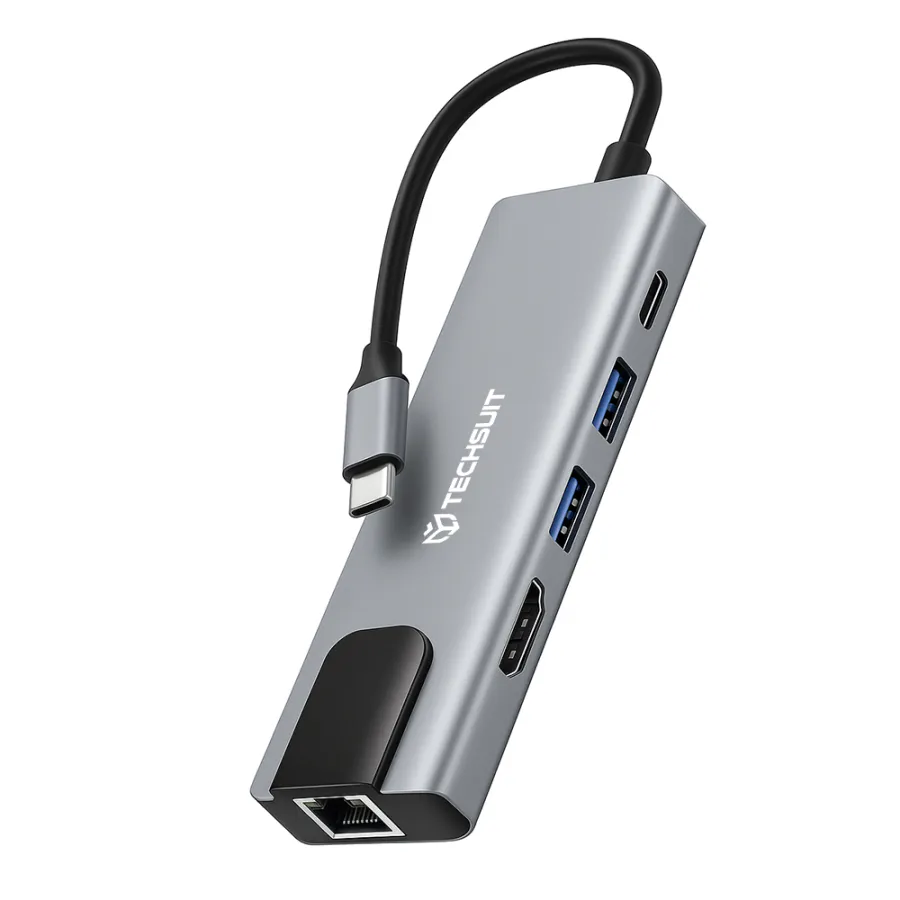 Мултипортов хъб, Type-C към 2x USB, 1x Type-C, 1x HDMI, 1x RJ45 - Techsuit NetBridge 5 в 1 (H1) - Сив