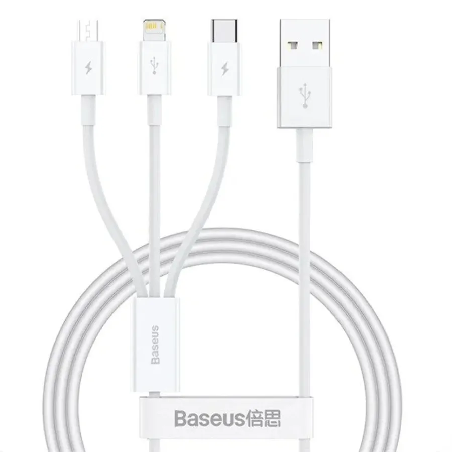 Кабел за данни USB към USB-C, Lightning, Micro-USB, 100W, 480Mbps, 1.5m - Baseus (P1037770705213-00) - Бял