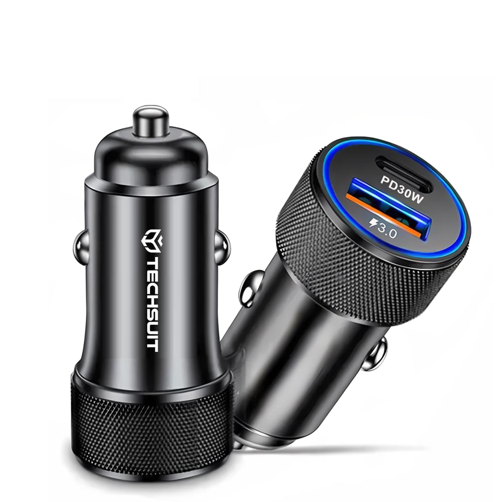 USB зарядно за кола, тип-C, 48W, ABS, метал - Techsuit VoltDuo (C2) - черно