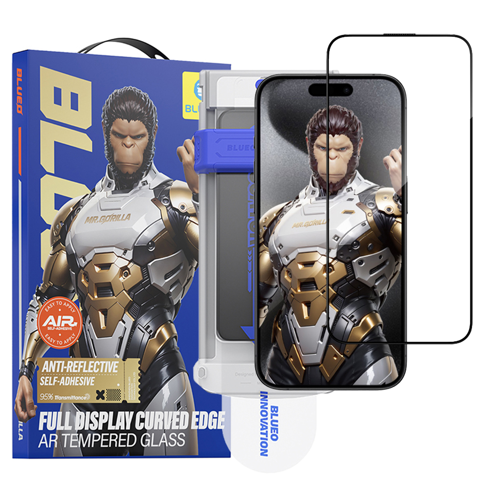 Калъф за iPhone 16 Pro / iPhone 17 / iPhone 17 Pro - Blueo 3D Full Display Curved Edge AR Glass с апликатор Pro - Черен
