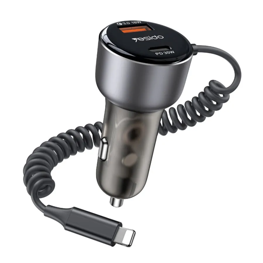 Зарядно за кола с Lightning кабел, 50 W, бързо зареждане, Type-C/USB-A - Yesido (Y57) - черно