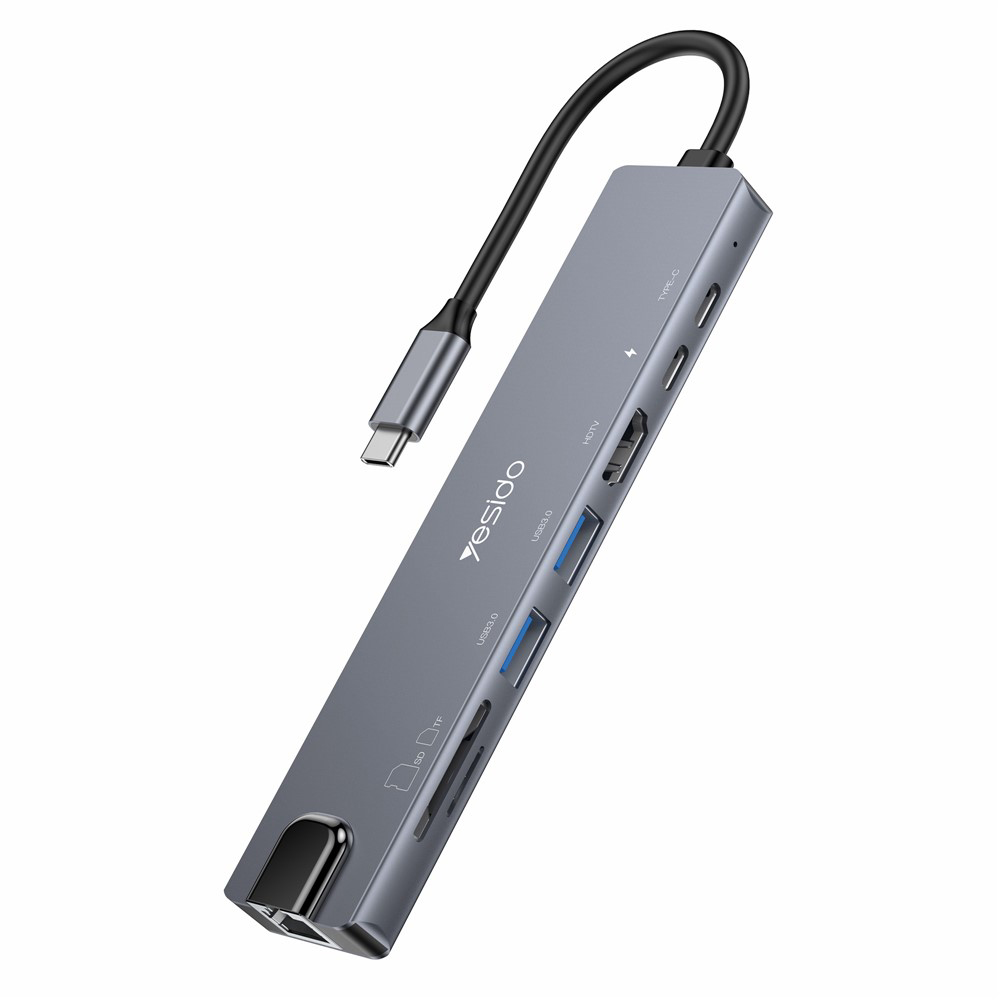 Мултипортов хъб, Type-C към 2x USB, 2x USB-C, HDMI, RJ45, TF/SD, PD100W 4K@30Hz - Yesido (HB27) - Сив
