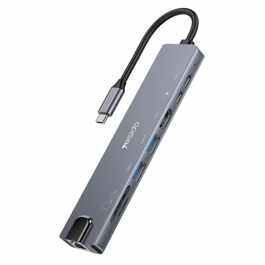 Мултипортов хъб, Type-C към 2x USB, 2x USB-C, HDMI, RJ45, TF/SD, PD100W 4K@30Hz - Yesido (HB27) - Сив