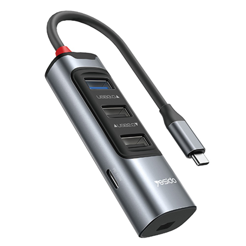 Мултипортов хъб, Type-C до 3x USB, USB-C, Mini DisplayPort, PD100W 4K@30Hz, 5Gbps - Yesido (HB24) - Сив