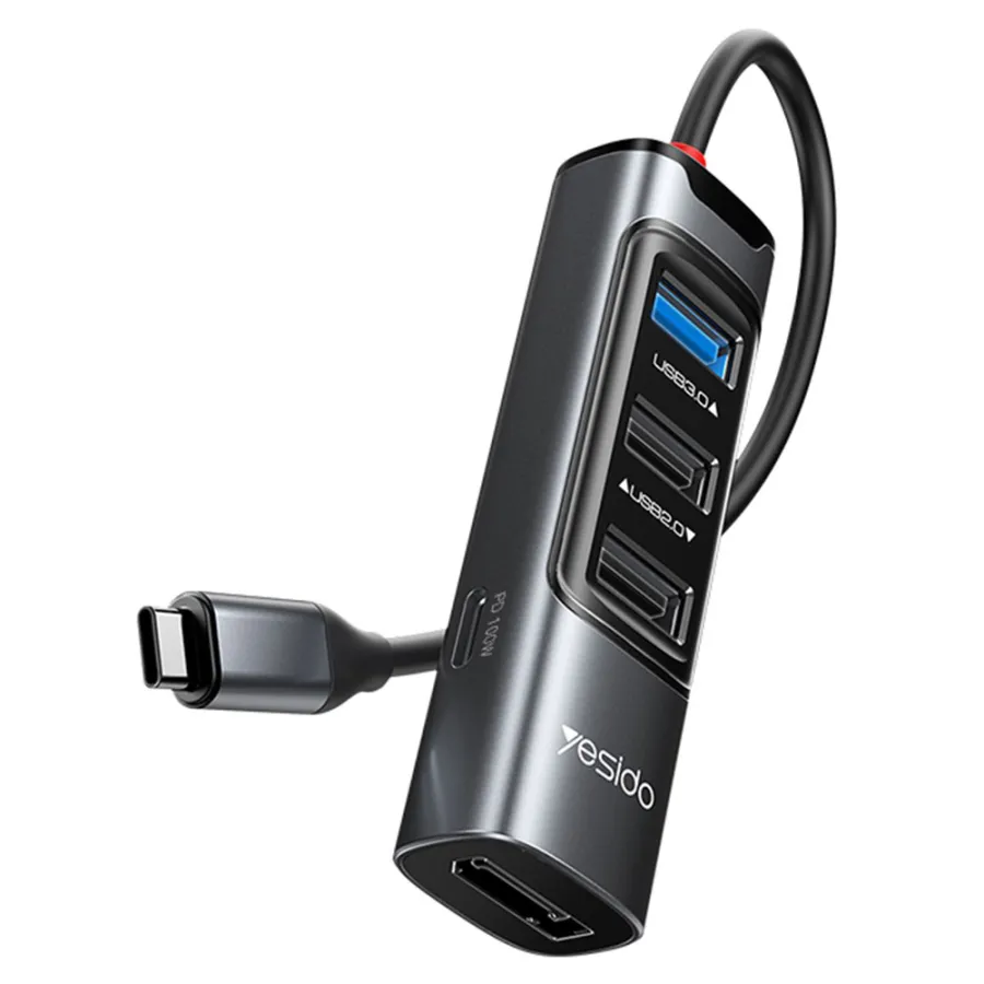 Мултипортов хъб, Type-C до 3x USB, USB-C, DisplayPort, PD100W 4K@30Hz, 5Gbps - Yesido (HB23) - Сив
