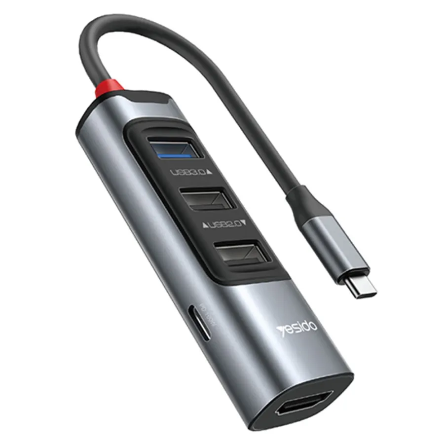 Мултипортов хъб, Type-C към 3x USB, USB-C, HDMI, PD100W 4K@30Hz, 5Gbps - Yesido (HB22) - Сив
