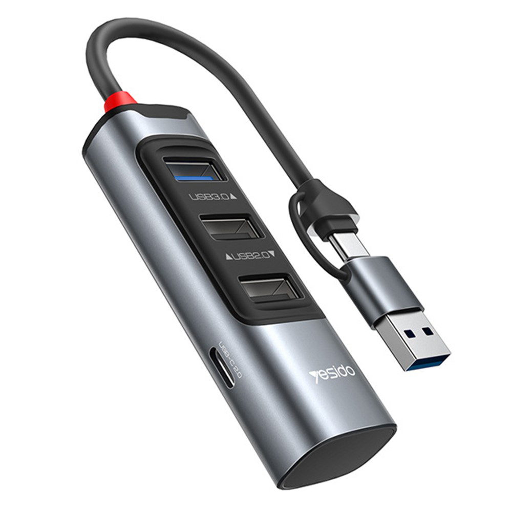 Мултипортов хъб, USB, Type-C до 3x USB, USB-C, 5Gbps - Yesido (HB19) - Сив