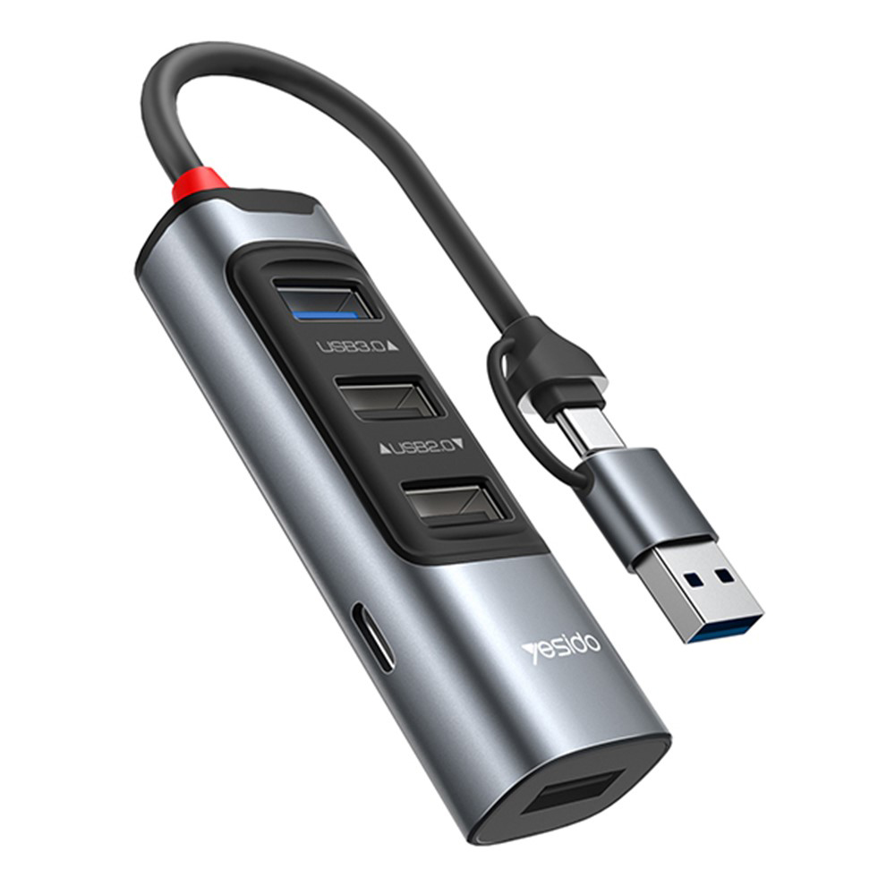 Мултипортов хъб, USB, Type-C до 4x USB, USB-C, PD100W, 5Gbps - Yesido (HB20) - Сив