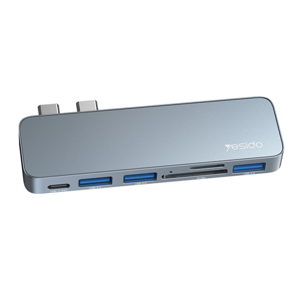 Мултипортов хъб, 2x Type-C до 3x USB, USB-C, SD/TF, 5Gbps - Yesido (HB10) - Сив