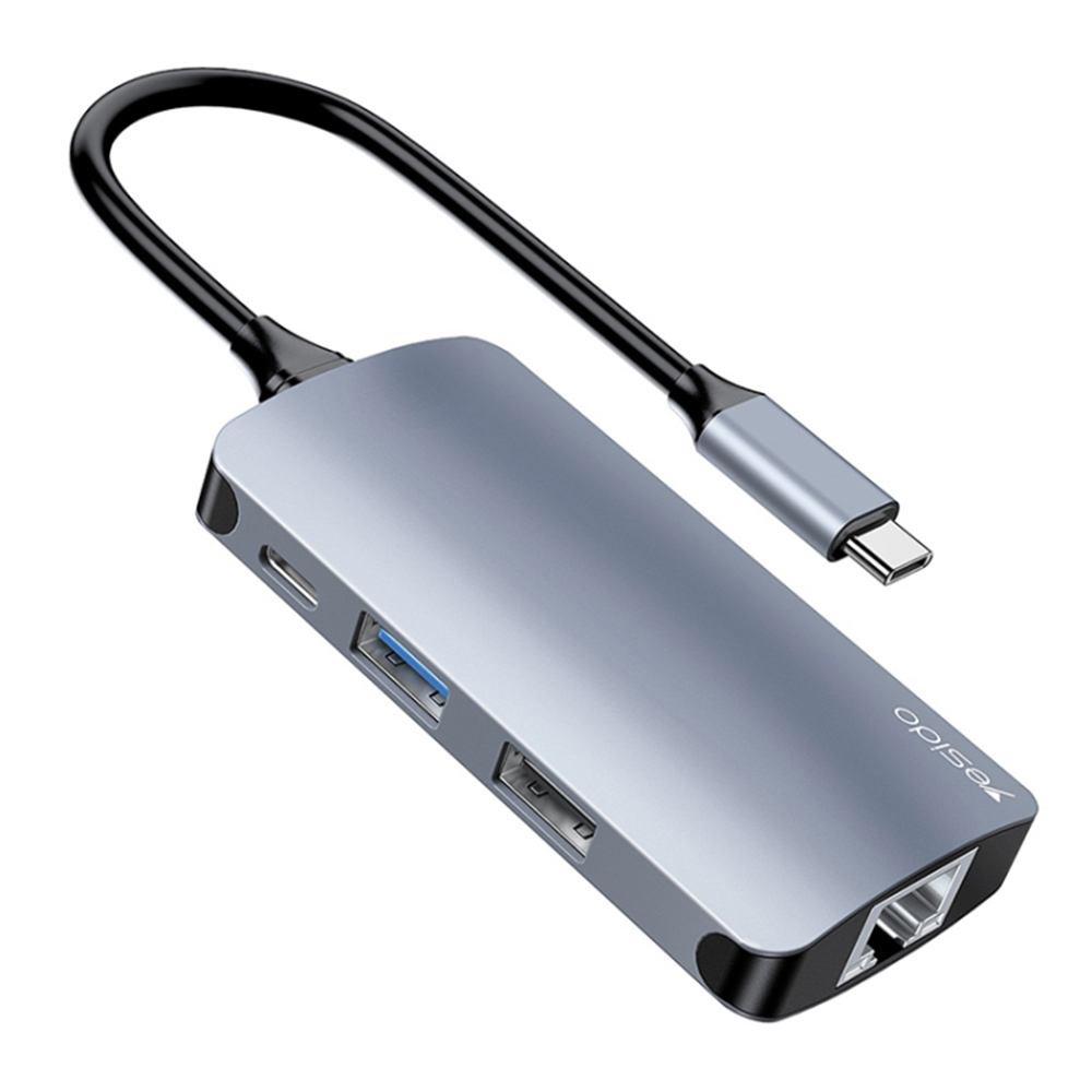 Многопортов хъб, Type-C до 2x USB, USB-C, SD/TF карта, RJ45, 1000Mbps, Plug & Play - Yesido (HB15) - Сив