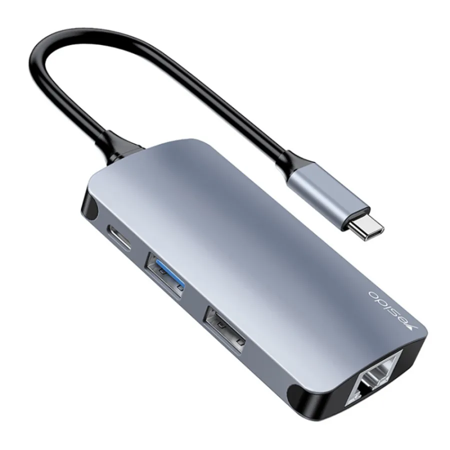 Многопортов хъб, Type-C до 2x USB, USB-C, SD/TF карта, RJ45, 1000Mbps, Plug & Play - Yesido (HB15) - Сив