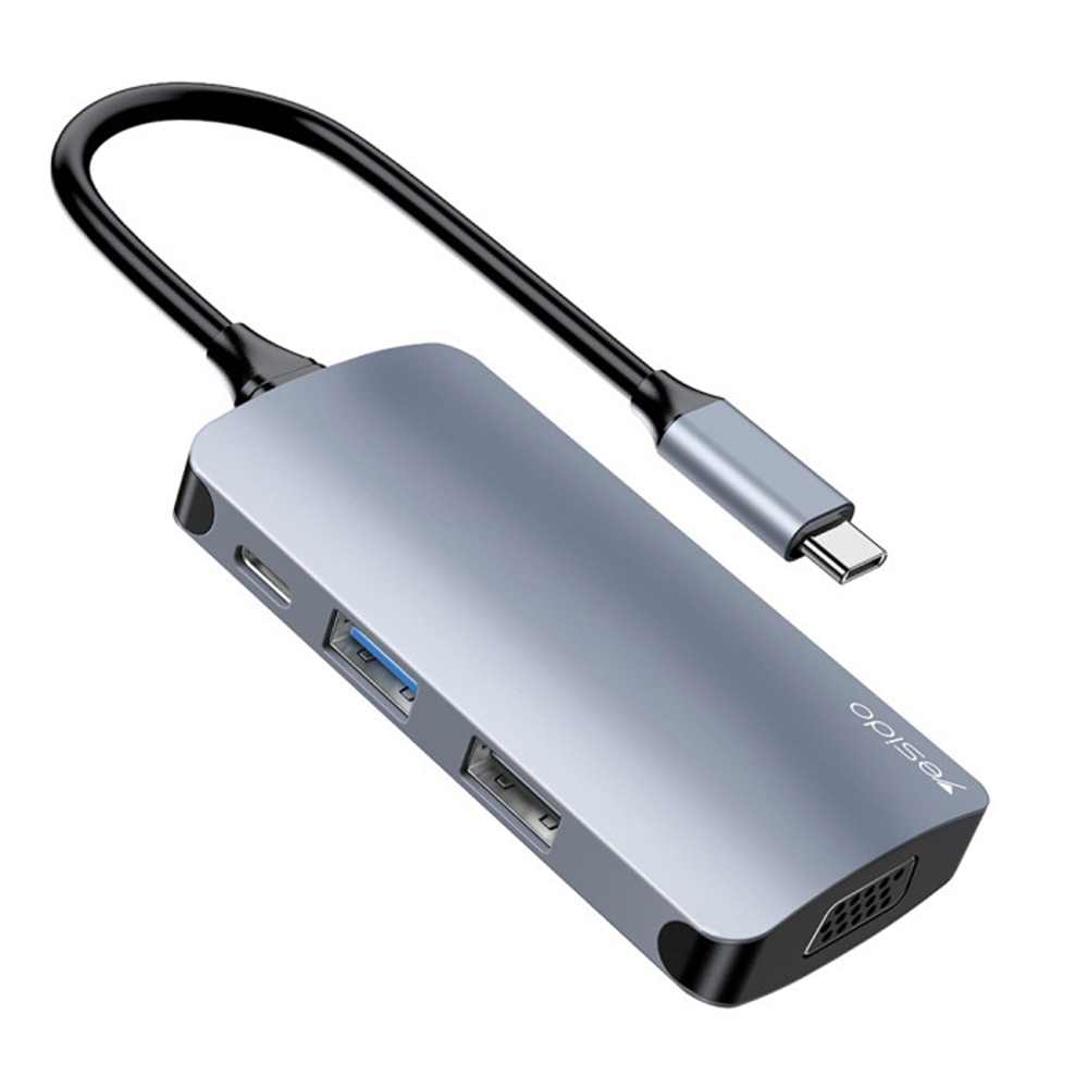 Мултипортов хъб, USB-C към 4x USB, TF/SD карта, VGA, 5Gbps, 100Mbps, PD100W - Yesido (HB16) - Сив