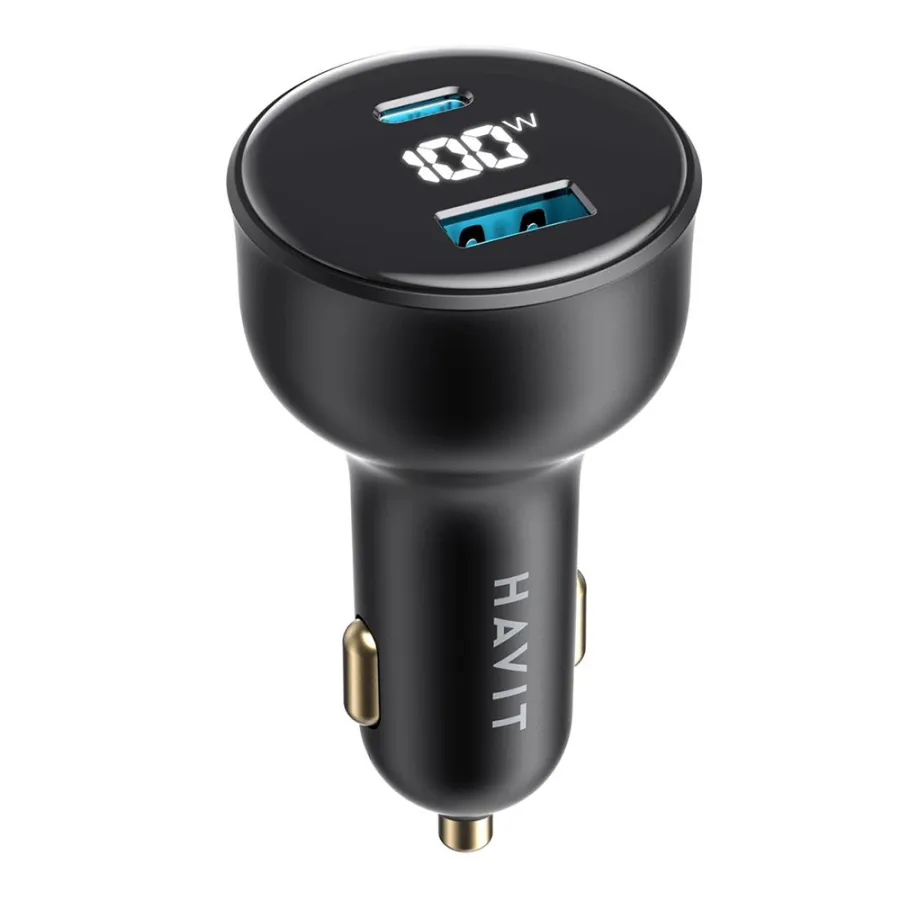 Зарядно за кола с цифров дисплей, USB, Type-C, PD100W - Havit (CC100W) - черно