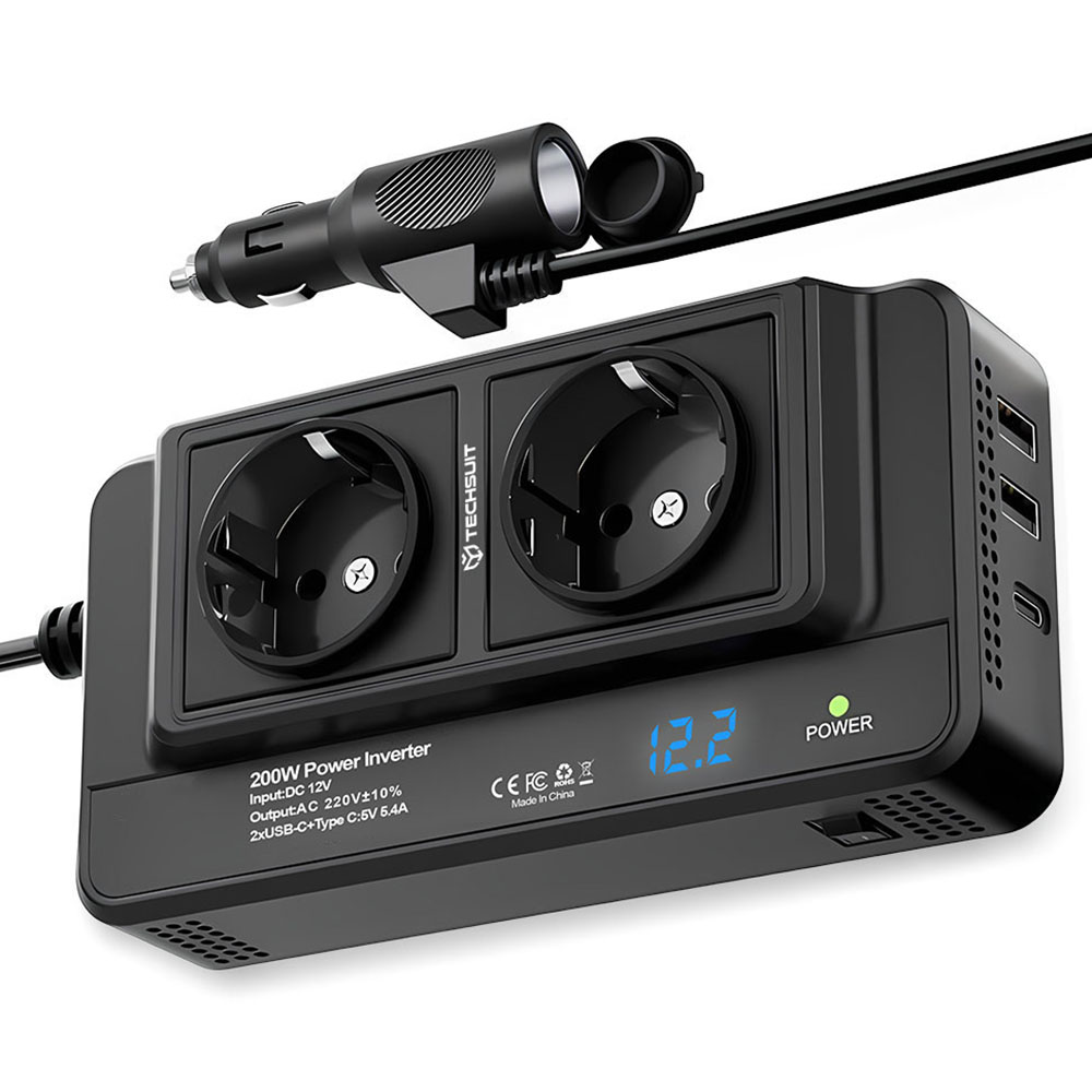 USB инвертор за кола, Type-C, 200W - Techsuit PowerDriveX (IA2) - Черен