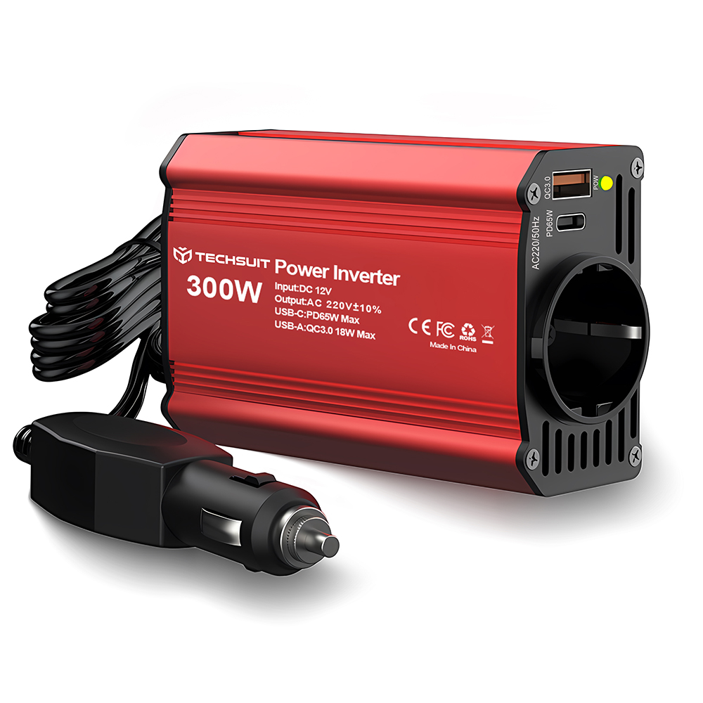 USB инвертор за кола, Type-C, 300W - Techsuit FlexiCarVolt (IA1) - Червен