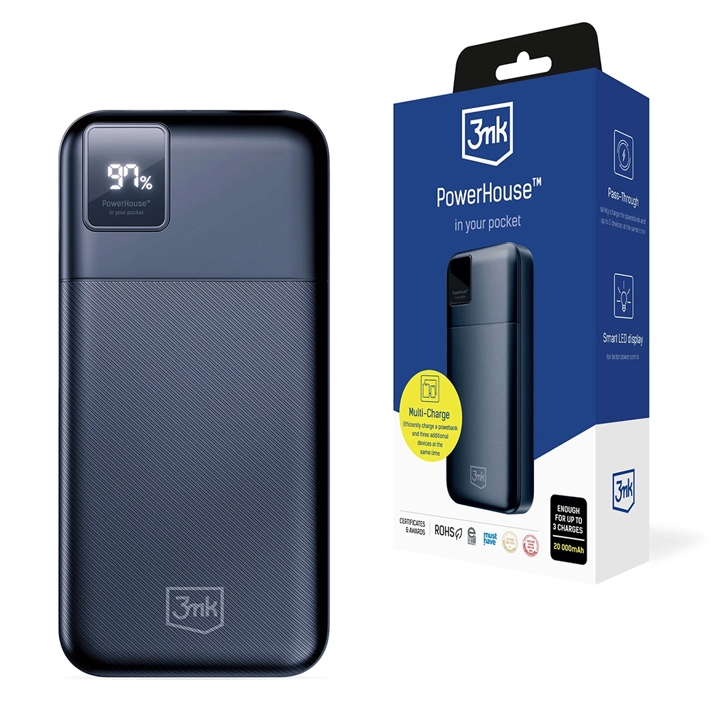 Power Bank, 2x USB-A, 1x USB-C, 20.000mAh, 22.5W - 3mk PowerHouse - Черен