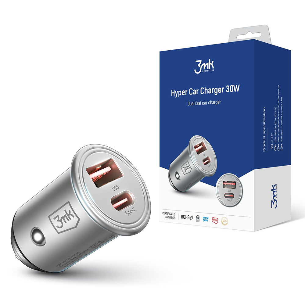Зарядно за кола, USB-A, Type-C, 30W, Алуминий - 3mk Hyper - Сребристо