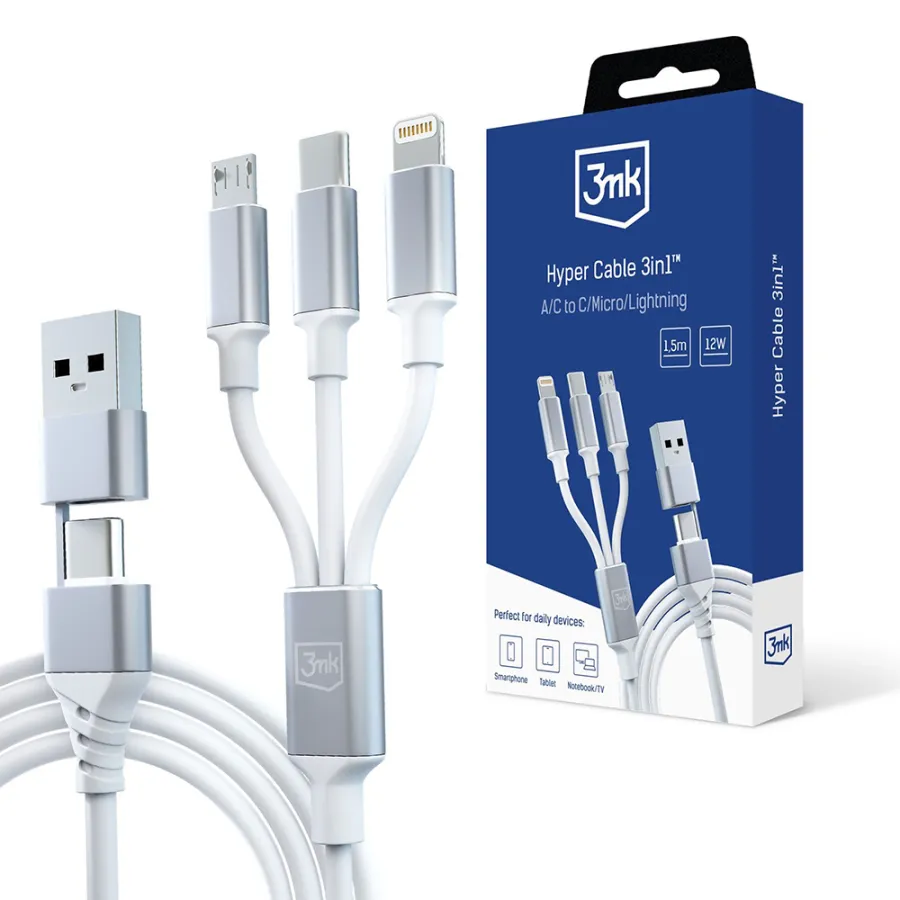 USB-A/C към USB-C към USB-C/Micro-USB/Lightning кабел, 12W, 3A, 1.5m - 3mk Hyper - Бял
