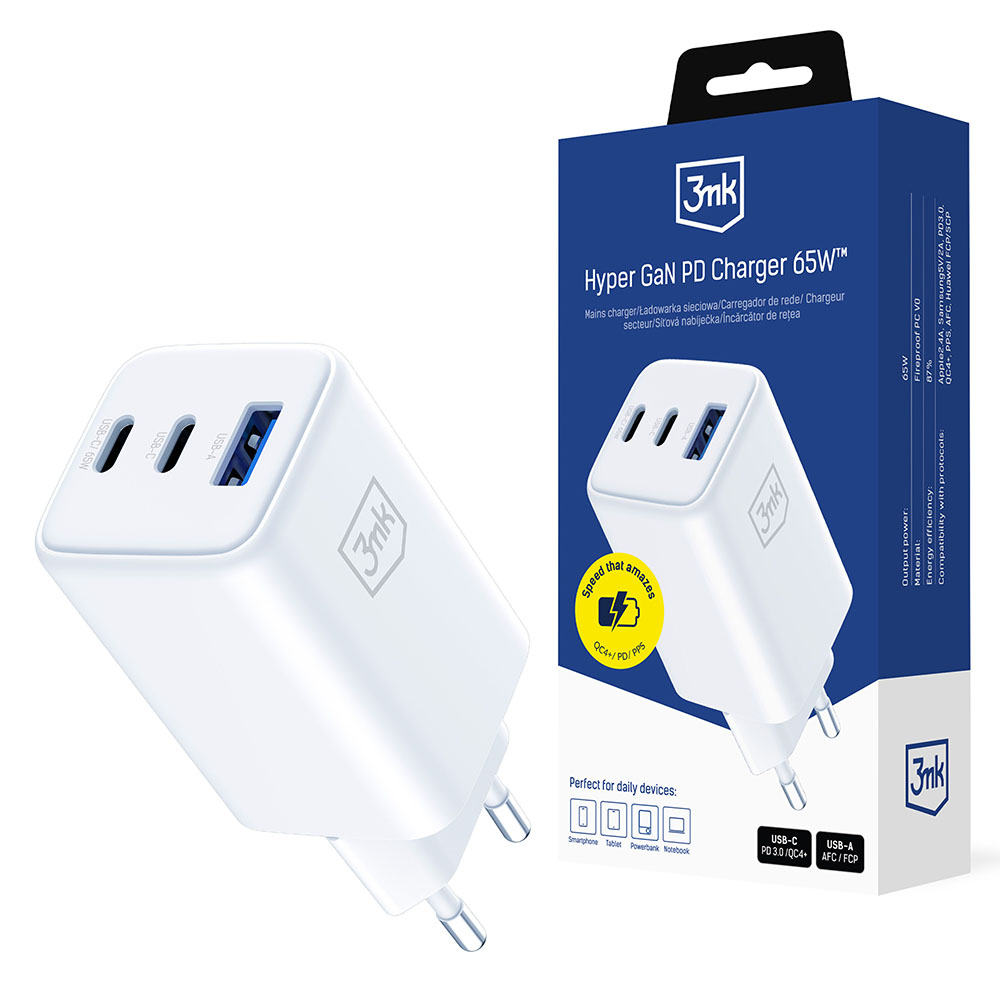 Стенно зарядно, USB-A, USB-C, GaN, 65W - 3mk Hyper - Бяло