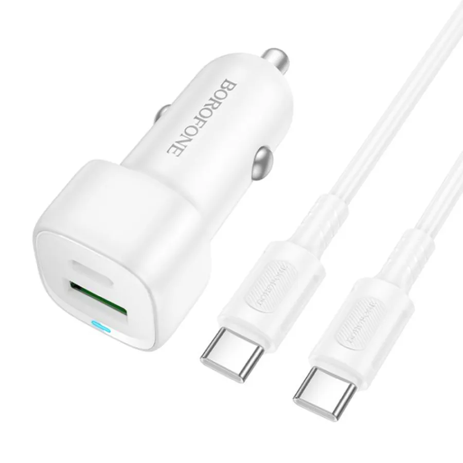 Зарядно за кола, USB-C, USB-A 38W + Type-C кабел - Borofone Cloud (BZ34B) - Бял