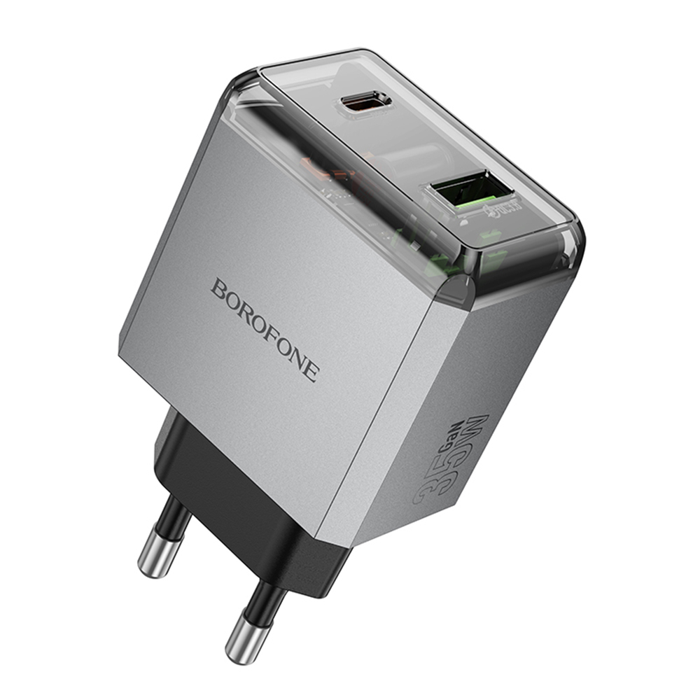Зарядно за Plug, Type-C + UBS-A, PD35W, QC3.0, QC3.0, 5V/3A - Lena (BN20) - Metal Сив