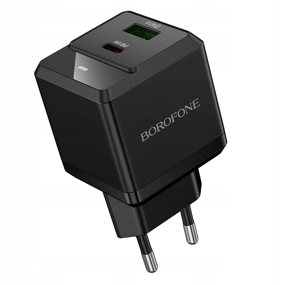 Plug Charger, USB + Type-C, PD20W, QC3.0, 5V/3A - Borofone Intenso (BN19) - Черен