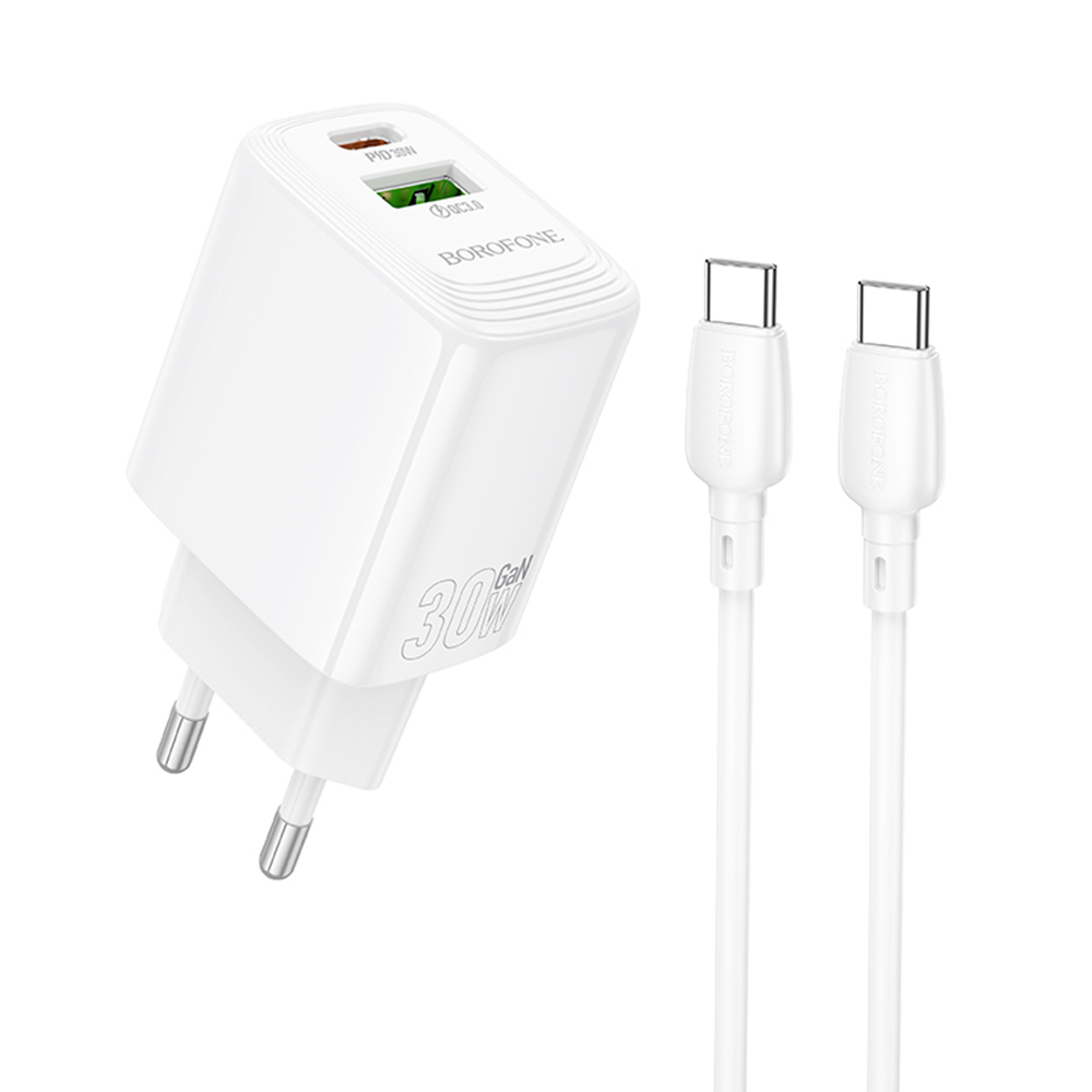 Зарядно устройство, USB + Type-C, PD30W, QC3.0, GaN + USB-C кабел - Borofone Fuente (BN29) - Бял