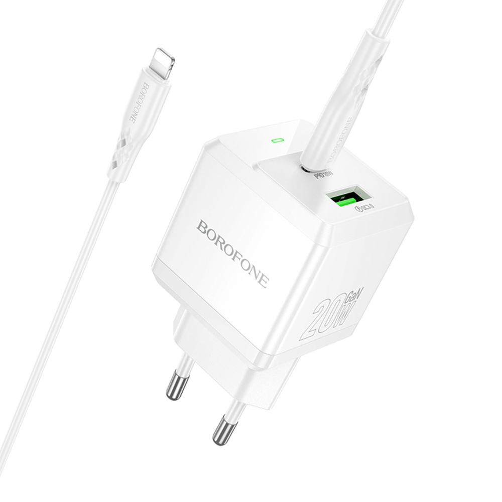 Зарядно устройство, USB + Type-C, PD20W, QC3.0, 5V/3A + USB-C към Lightning кабел - Borofone Intenso (BN19) - Бял