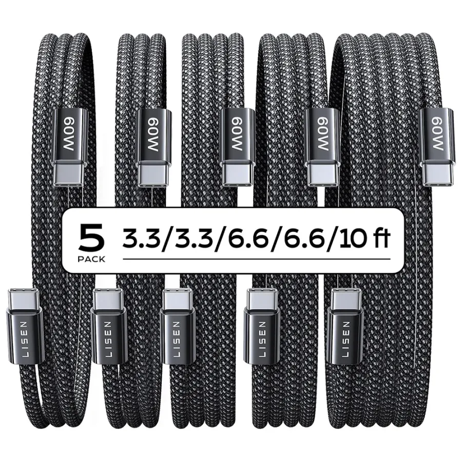USB-C към USB-C кабел, 60W, 1м/1м/1м/2м/2м/2м/3м (комплект 5 бр.) - Lisen (YL0123070010) - Черен
