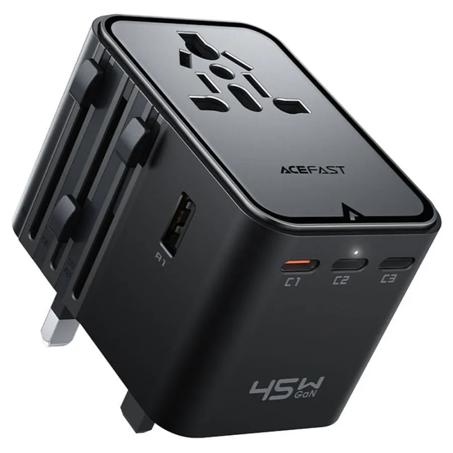 Универсален адаптер Priza EU, UK, AUS, US, 3x USB-C, 2x USB, GaN, 45W, бързо зареждане - Acefast (Z8) - Черен