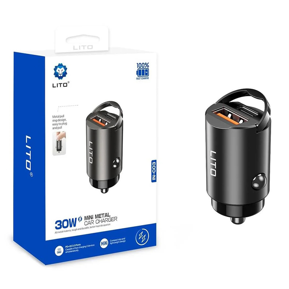 Зарядно за кола, USB-A, USB-C, 30W - Lito (IN-C03) - Черно