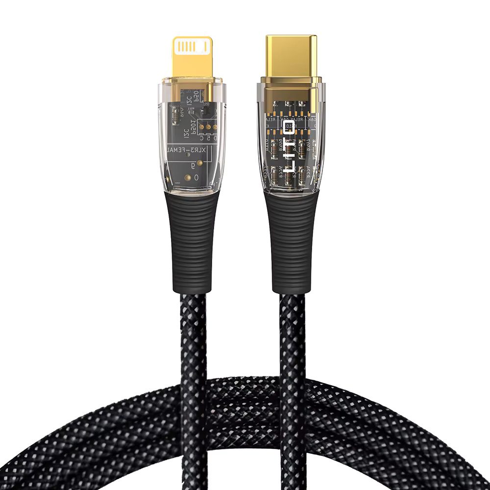 Кабел за бързи данни с щепсел Type-C, Lightning, 27W, 1,2 m - Lito Прозрачен (LD01) - Черен
