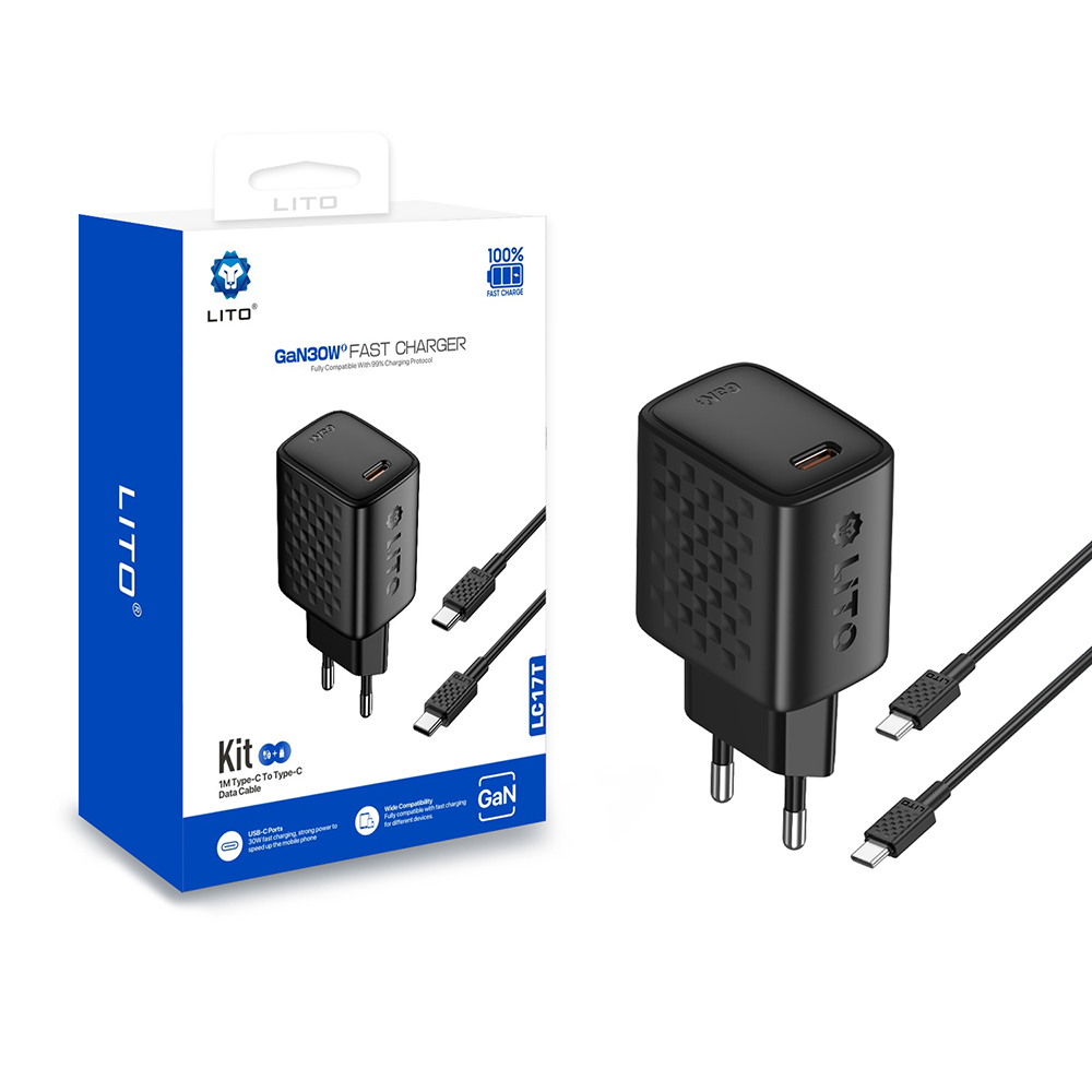 Зарядно устройство с щепсел, USB-C, 30 W, включен USB-C кабел - Lito (LC17T) - Черен