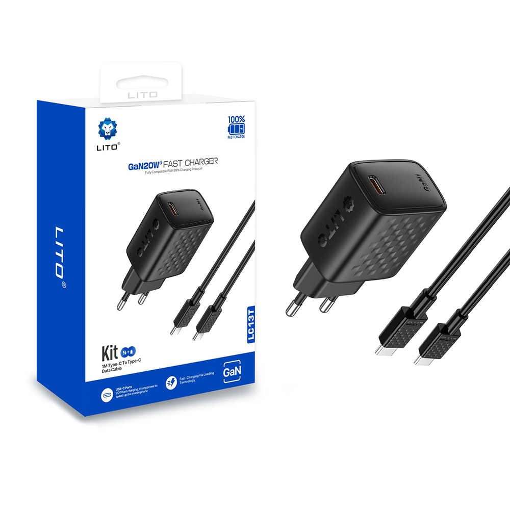 Зарядно устройство с щепсел, USB-C, 20 W, включен USB-C кабел - Lito (LC13T) - Черен