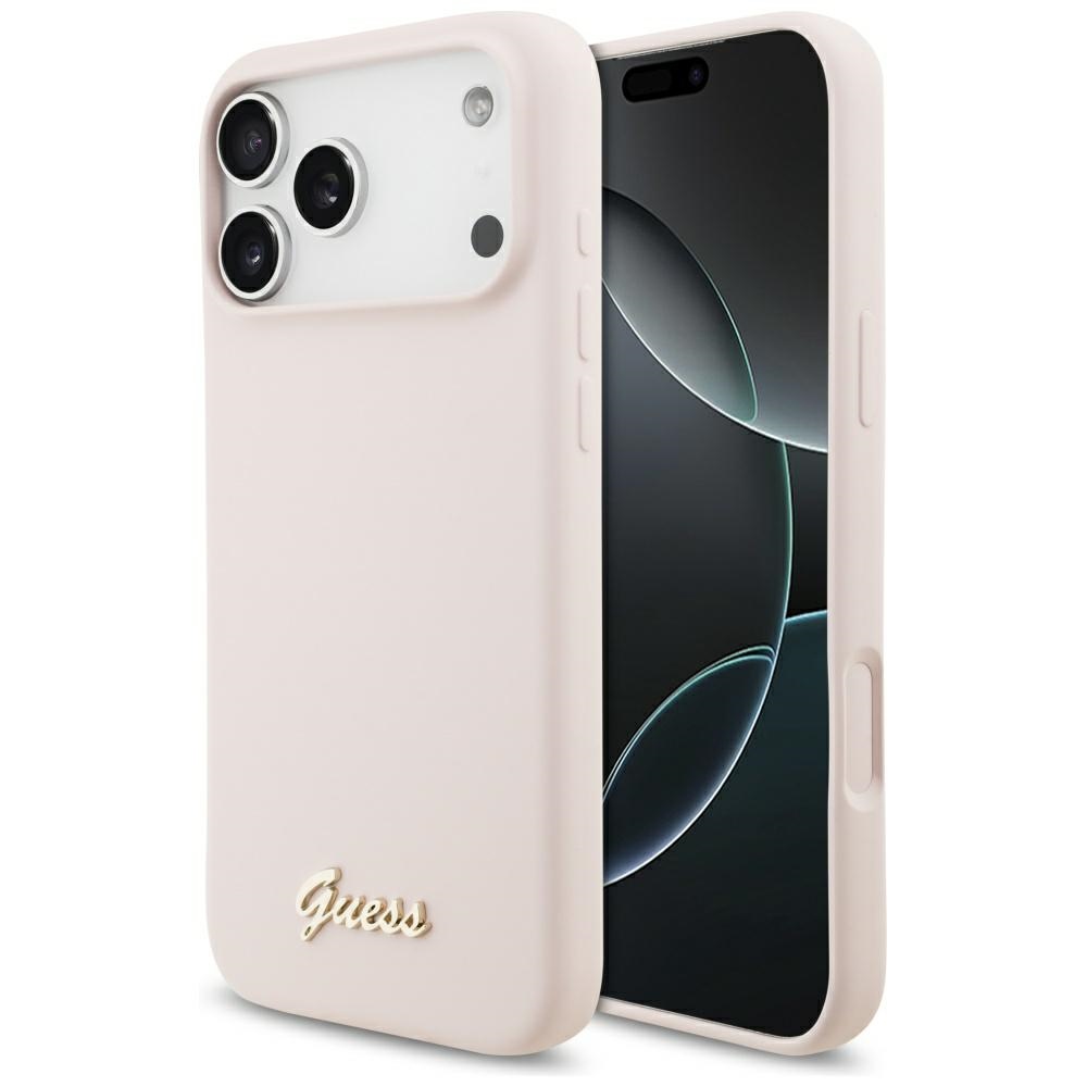 Калъф за iPhone 17 Pro Max - Guess Silicone Script Metal Metal Logo MagSafe (GUHMP17XSMSMBSLP) - Светлорозов