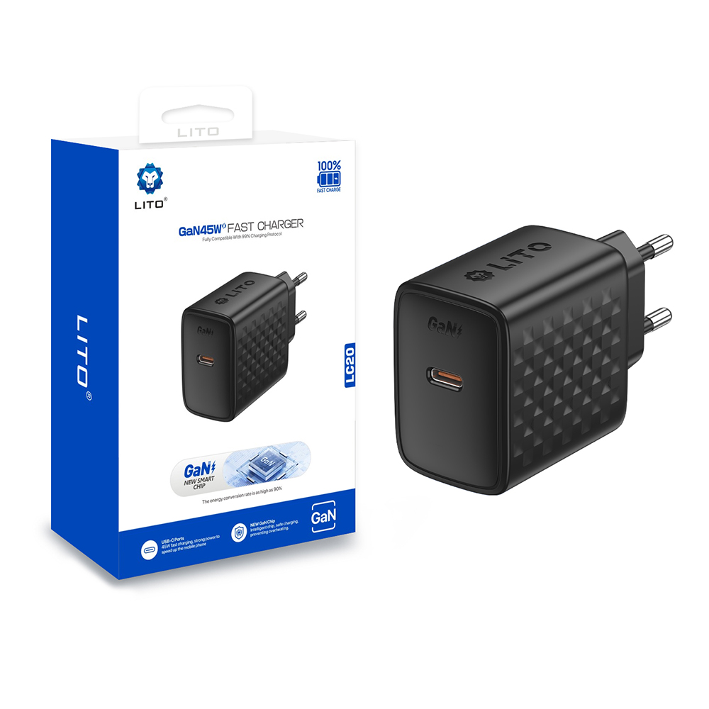 Зарядно устройство, USB-C, 45W - Lito (LC20) - черно