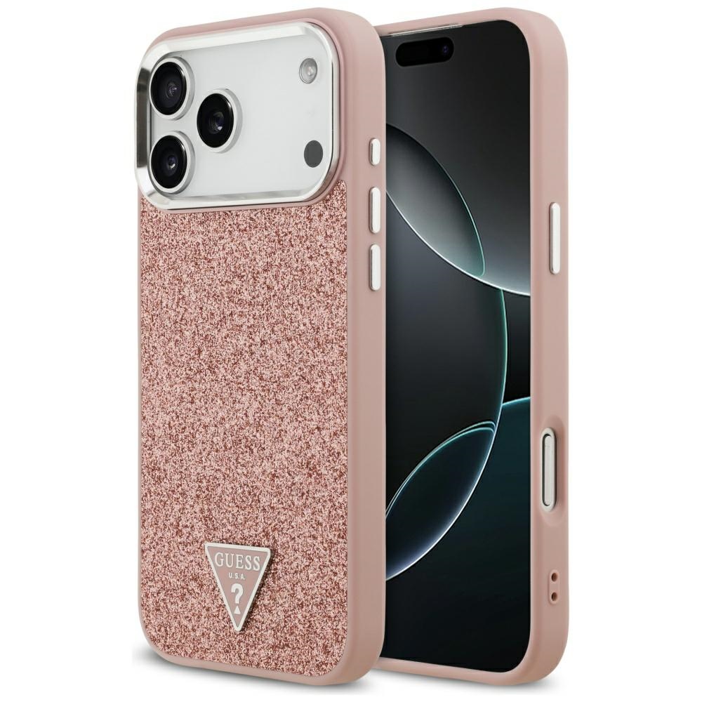 Калъф за iPhone 17 Pro Max - Guess Glitter Triangle Logo MagSafe (GUHMP17XPFGGTSCMP) - Розов