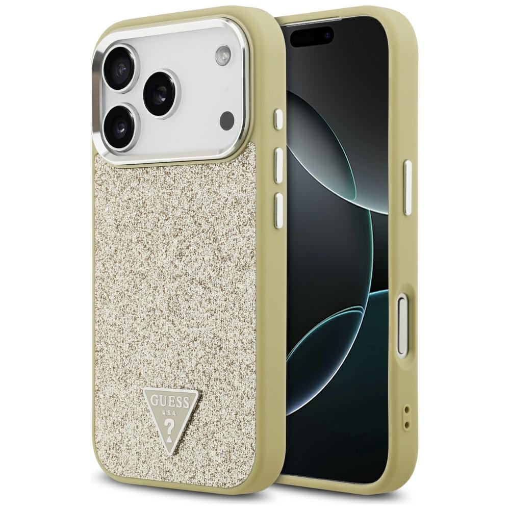Калъф за iPhone 17 Pro - Guess Glitter Triangle Logo MagSafe (GUHMP17LPFGGTSCMD) - златен