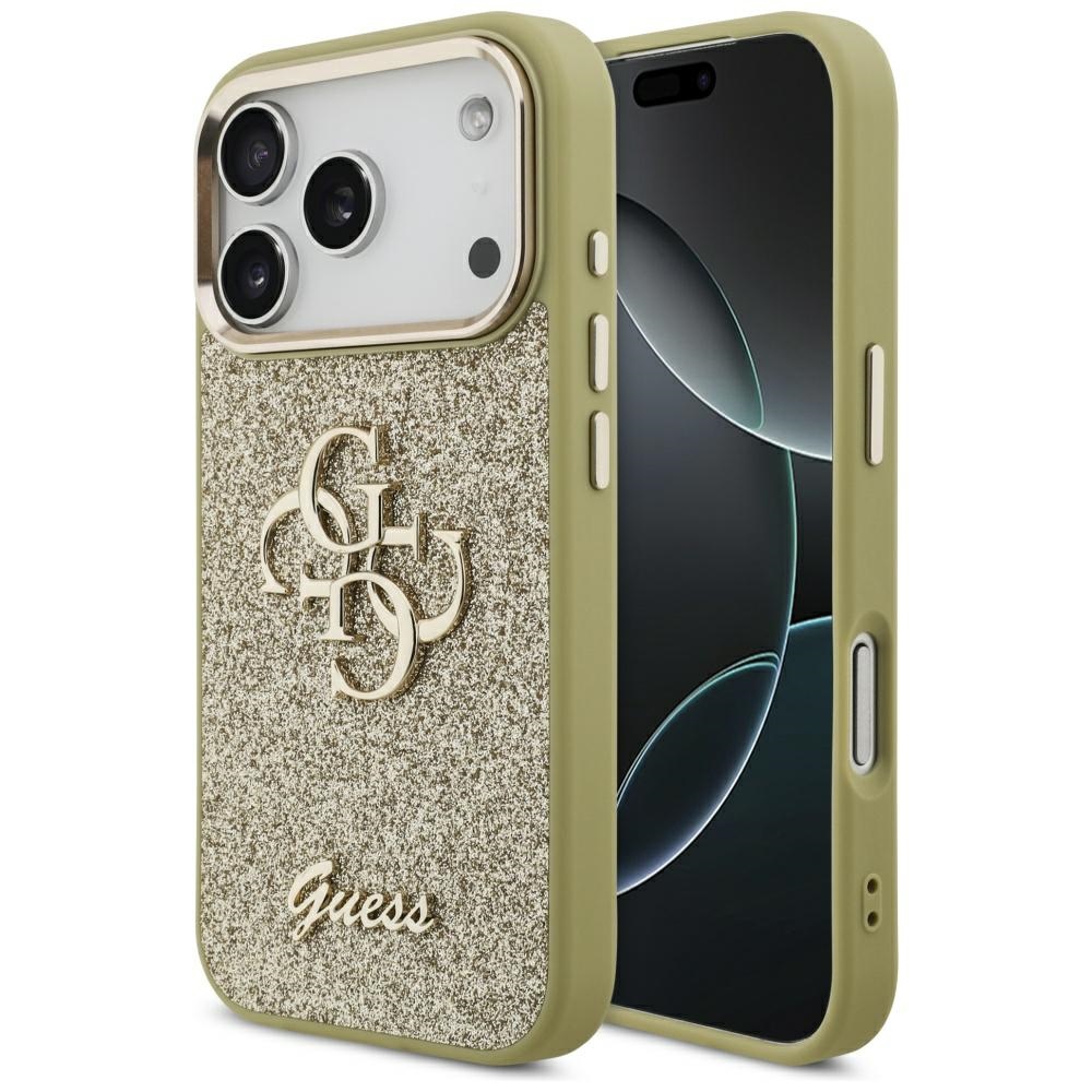 Калъф за iPhone 17 Pro - Guess Fixed Glitter Big 4G Metal Frame (GUHCP17LHGG4SGCD) - златен