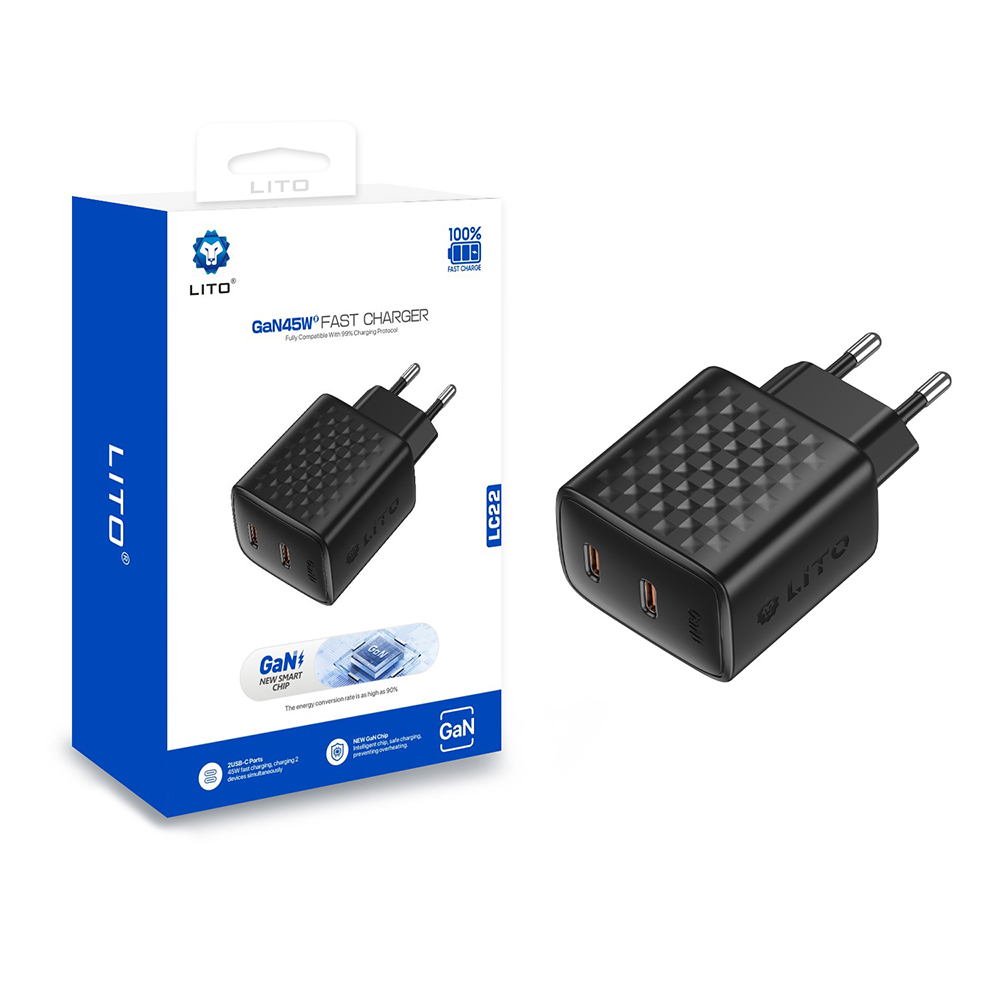 Зарядно за GaN Socket, 2x USB-C, 45W - Lito (LC22) - Черно