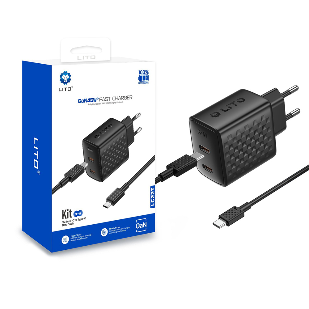 Зарядно устройство с щепсел, 2x USB-C, 45 W, включен USB-C кабел - Lito (LC22T) - Черен