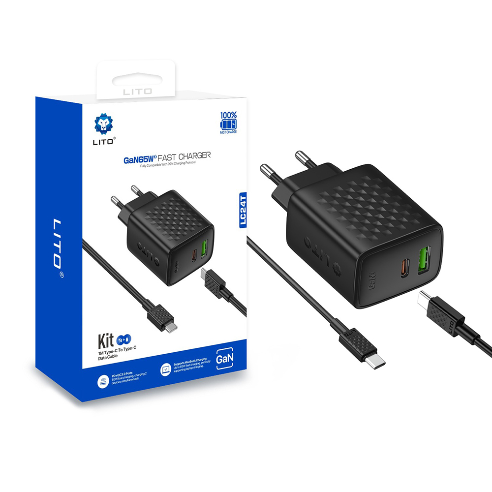 Зарядно устройство с щепсел, USB, USB-C, 65 W, включен USB-C кабел - Lito (LC24T) - Черен
