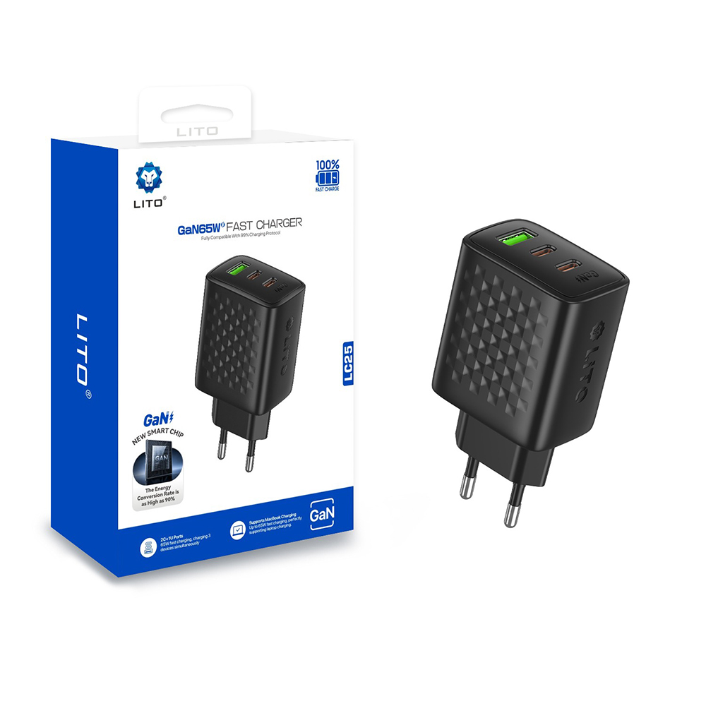 Зарядно устройство, 1x USB, 2x USB-C, 65W - Lito (LC25) - черно